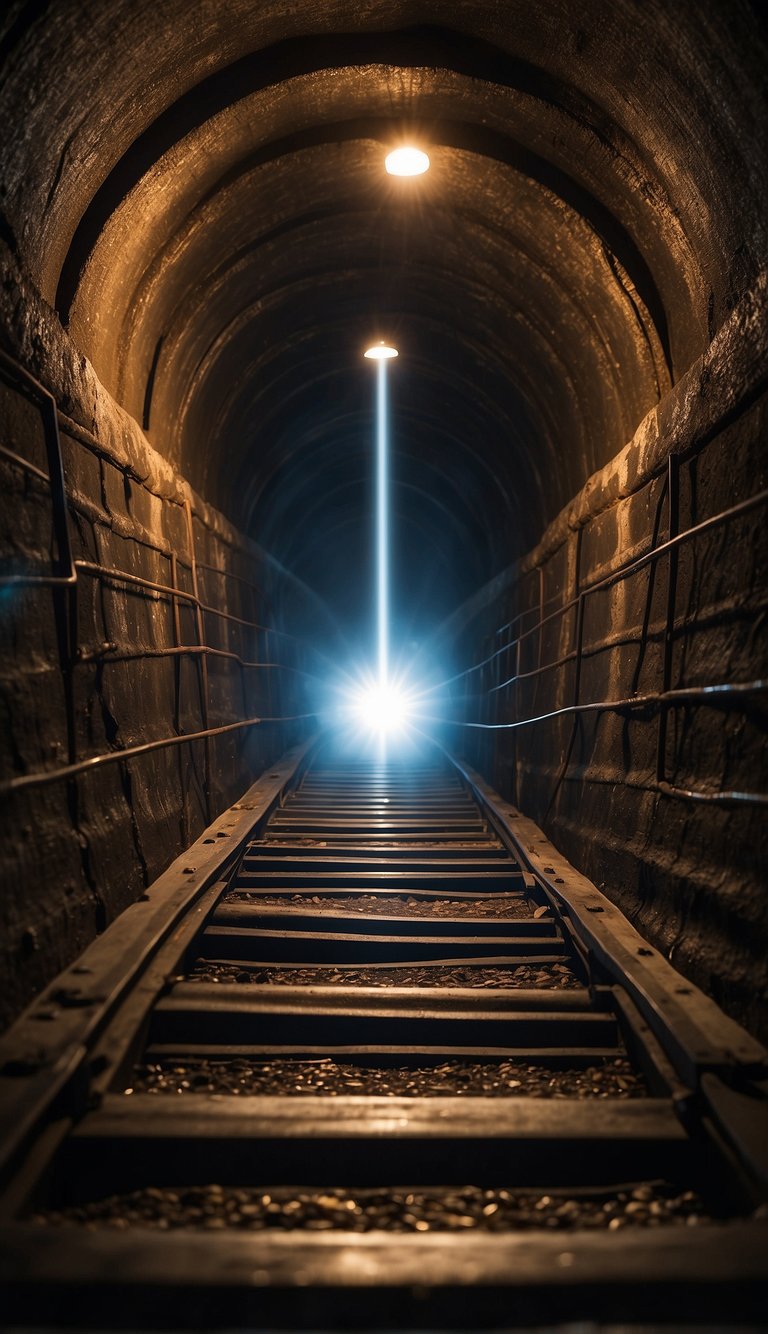 A bright light shining through a dark tunnel, with a ladder leading upwards and motivational quotes written on the walls