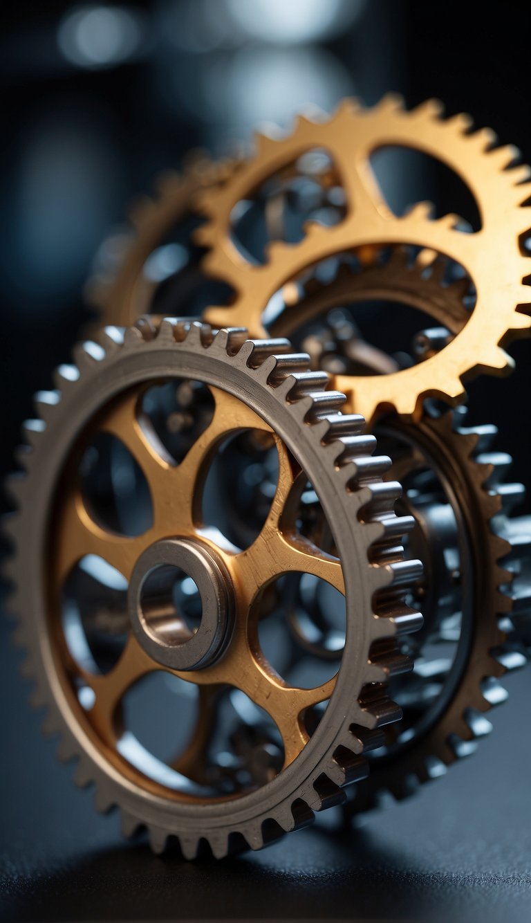 A group of interconnected gears symbolizing support and motivation, working together to lift and propel a central cog upward