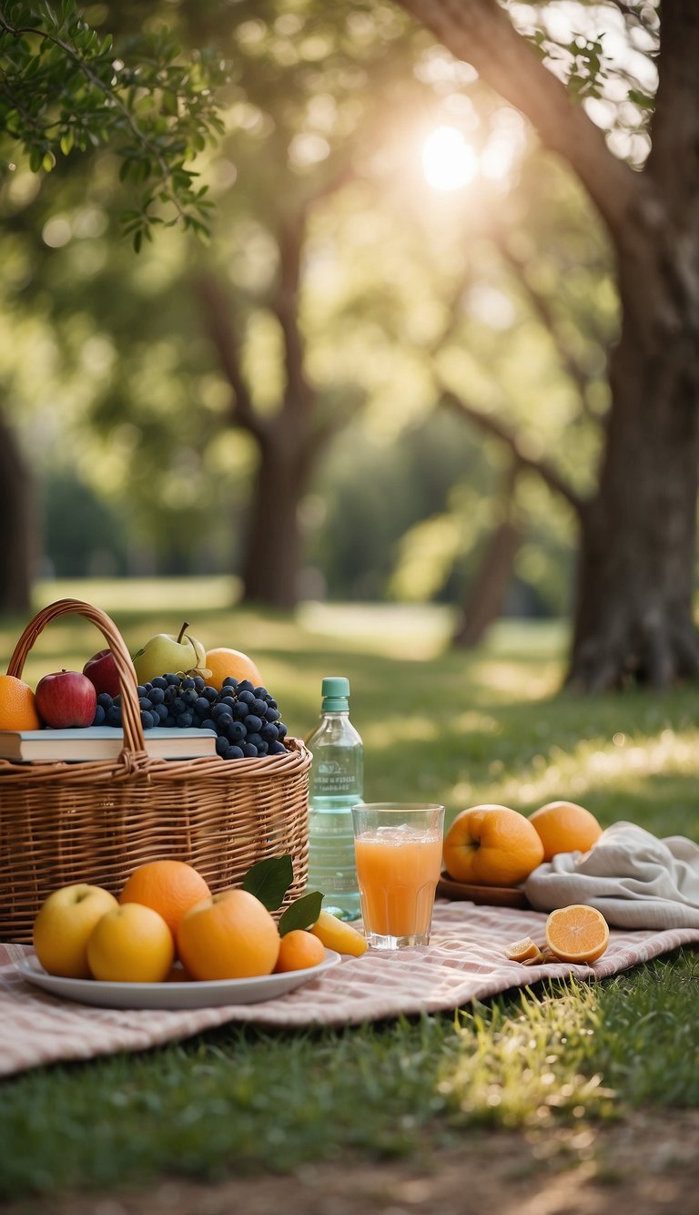 A picnic blanket laid out under a shady tree with a book, sunscreen, and a refreshing drink. A basket of fresh fruits and a yoga mat nearby