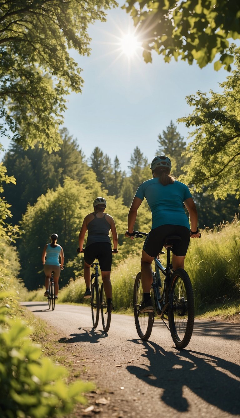 People enjoying outdoor activities: biking, hiking, swimming, and yoga in a park. Sunshine, greenery, and blue skies