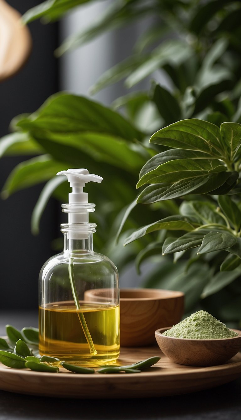 A woman's hand pouring nourishing oil onto a lush green plant, surrounded by natural skincare products and hair care tools