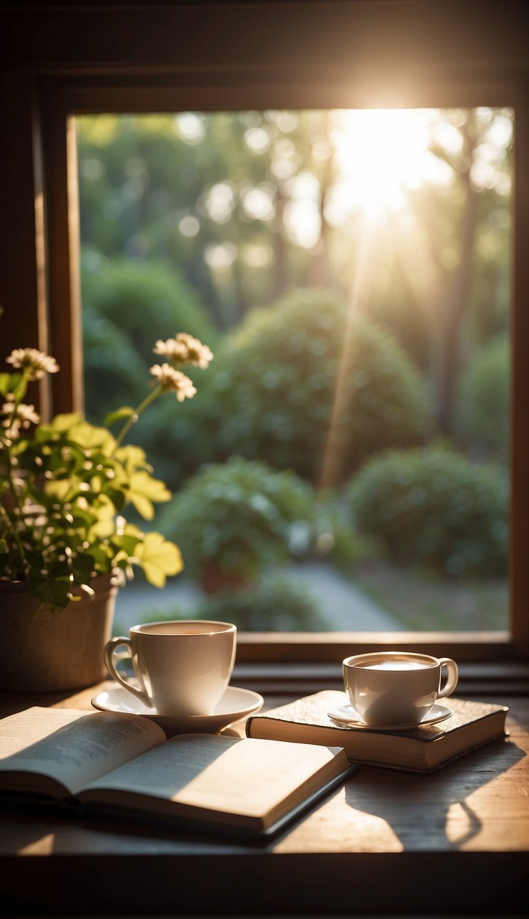 A cozy, sunlit space with a journal, pen, and a cup of tea. A window overlooks a peaceful garden, inviting introspection and goal setting