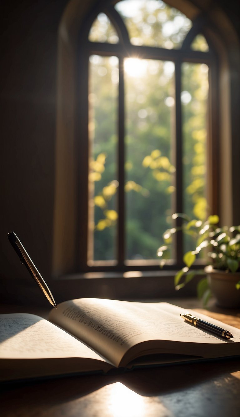 A journal surrounded by open pages, a pen resting on top. Light streams in through a window, casting shadows on the blank pages