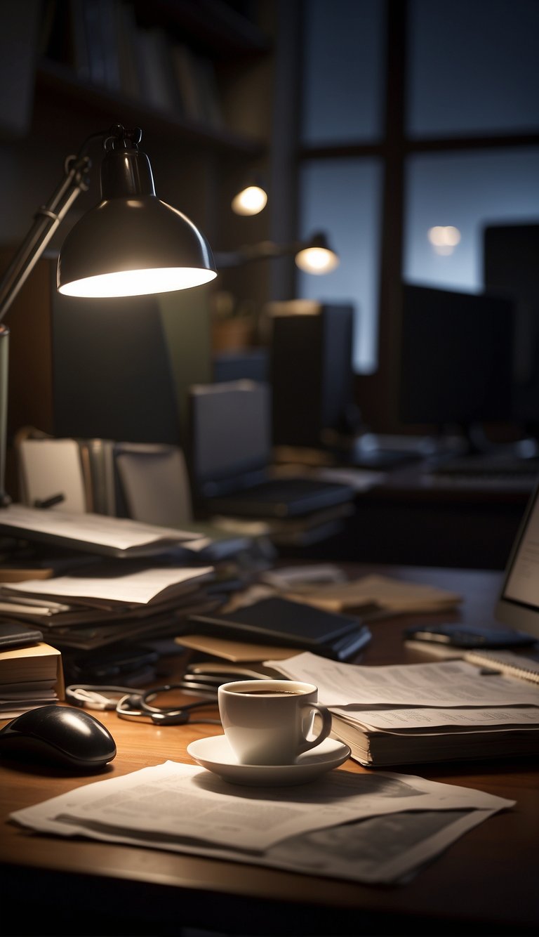 A cluttered desk with a dimly lit lamp, scattered papers, and a half-empty mug of coffee. A person sits slumped in their chair, staring blankly at the computer screen