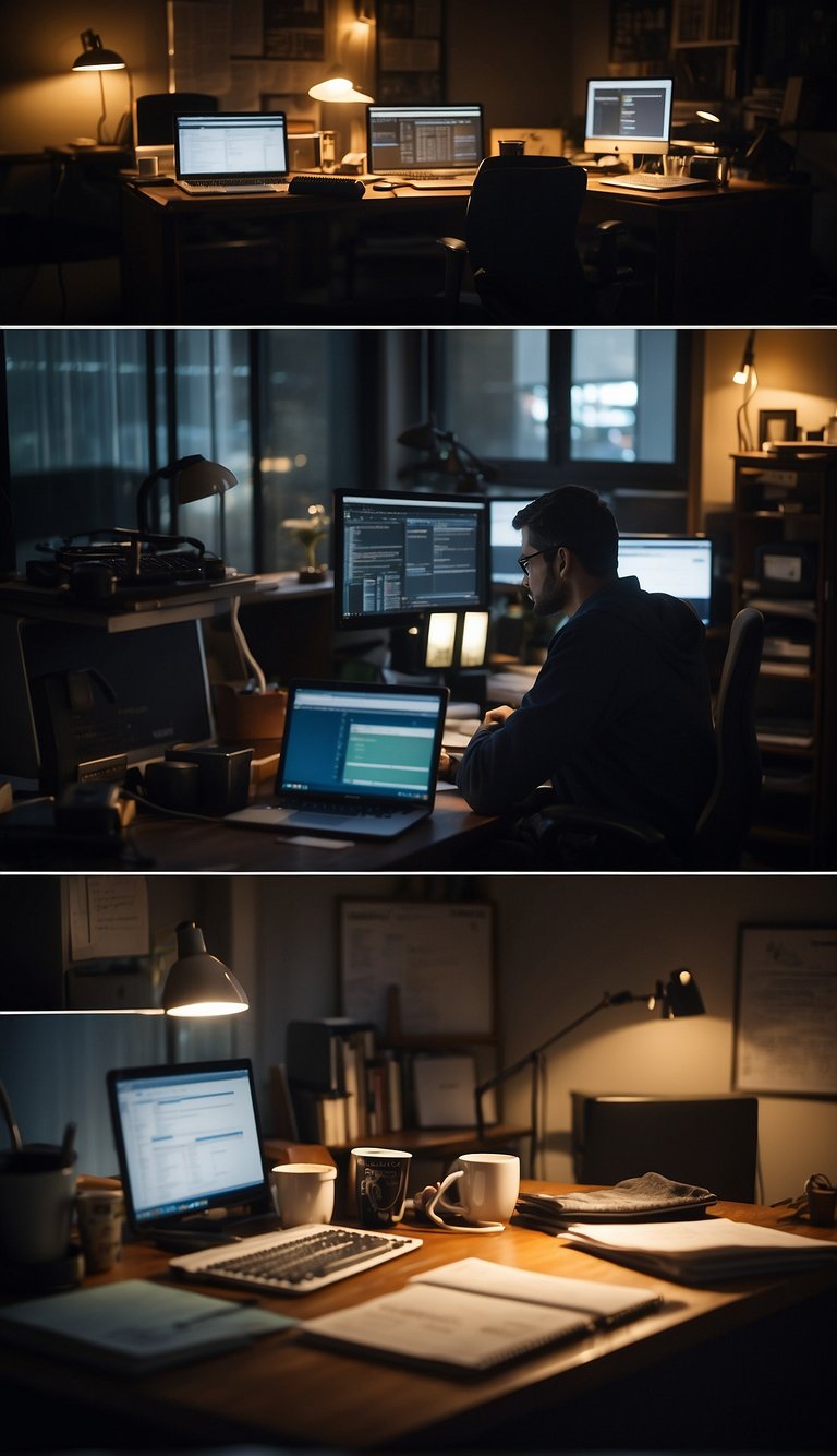 A dimly lit room with a cluttered desk, a person slouched in their chair, staring at a computer screen with a tired expression. A cup of coffee sits half-empty on the desk, next to a to-do list with only a few