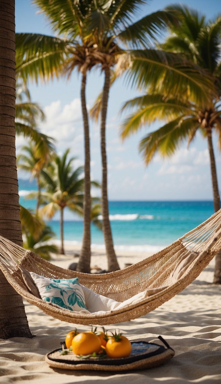 A tropical beach with a hammock, coconut drinks, sunscreen, and a journal for planning self-care activities