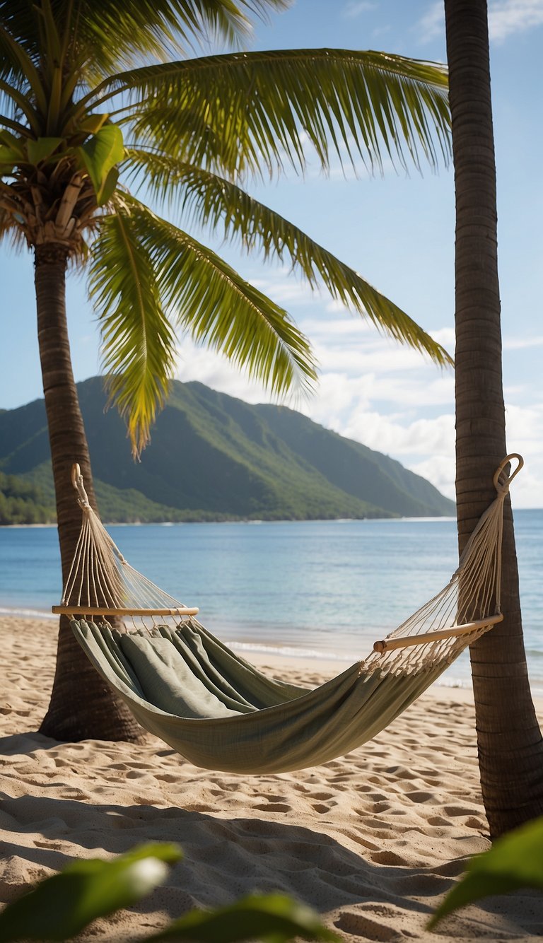 A serene beach with a hammock swaying in the breeze, surrounded by tropical palm trees and the sound of gentle waves lapping against the shore