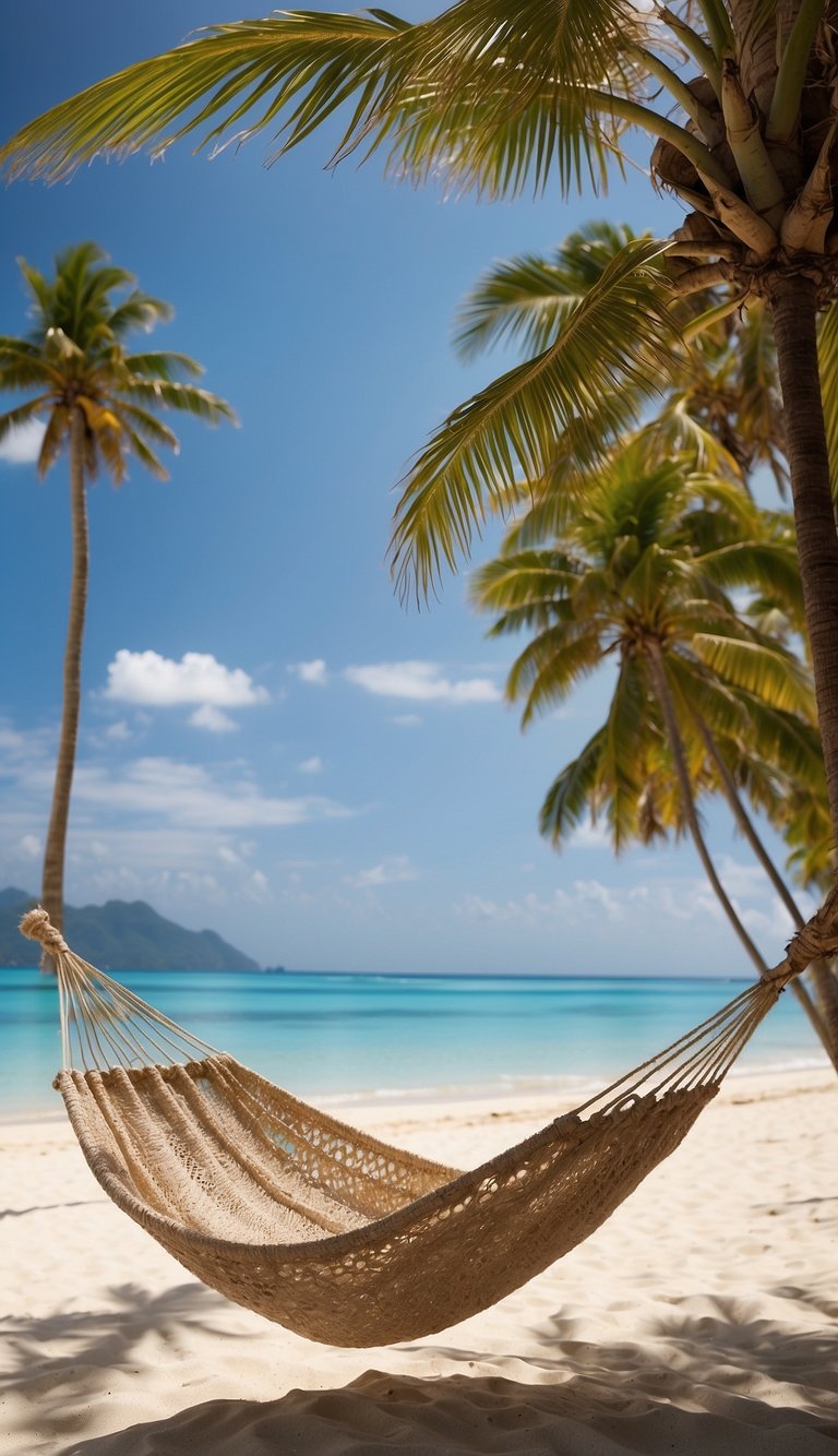 A serene beach with a hammock, coconut drink, and a book under a palm tree