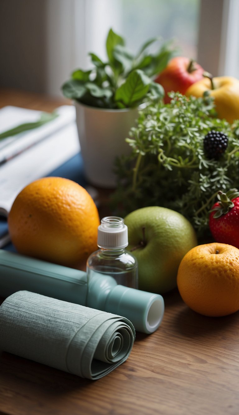 A table with fresh fruits, vegetables, and a water bottle. A yoga mat and running shoes nearby. A journal and pen for tracking progress