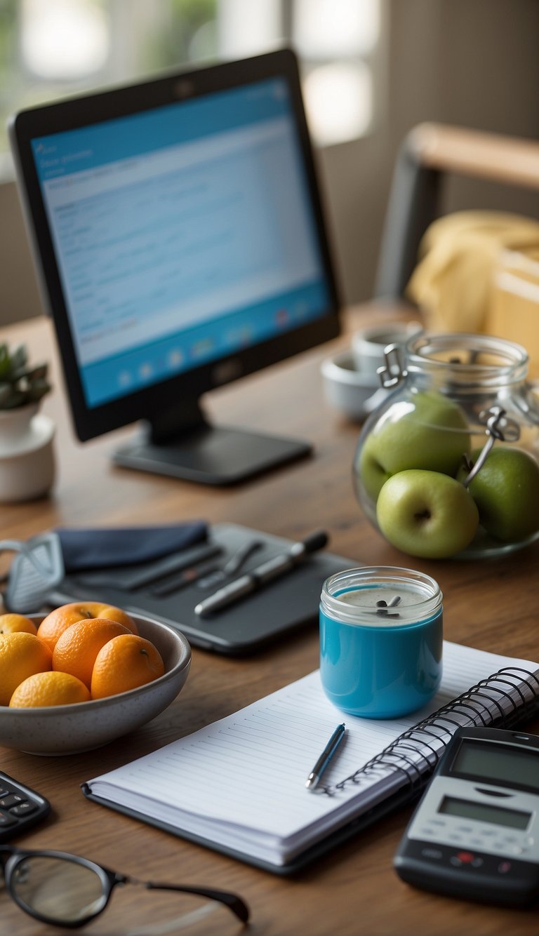 A bright, organized space with a daily planner, water bottle, exercise equipment, and healthy snacks. A clock or timer shows regular intervals for breaks and mindfulness