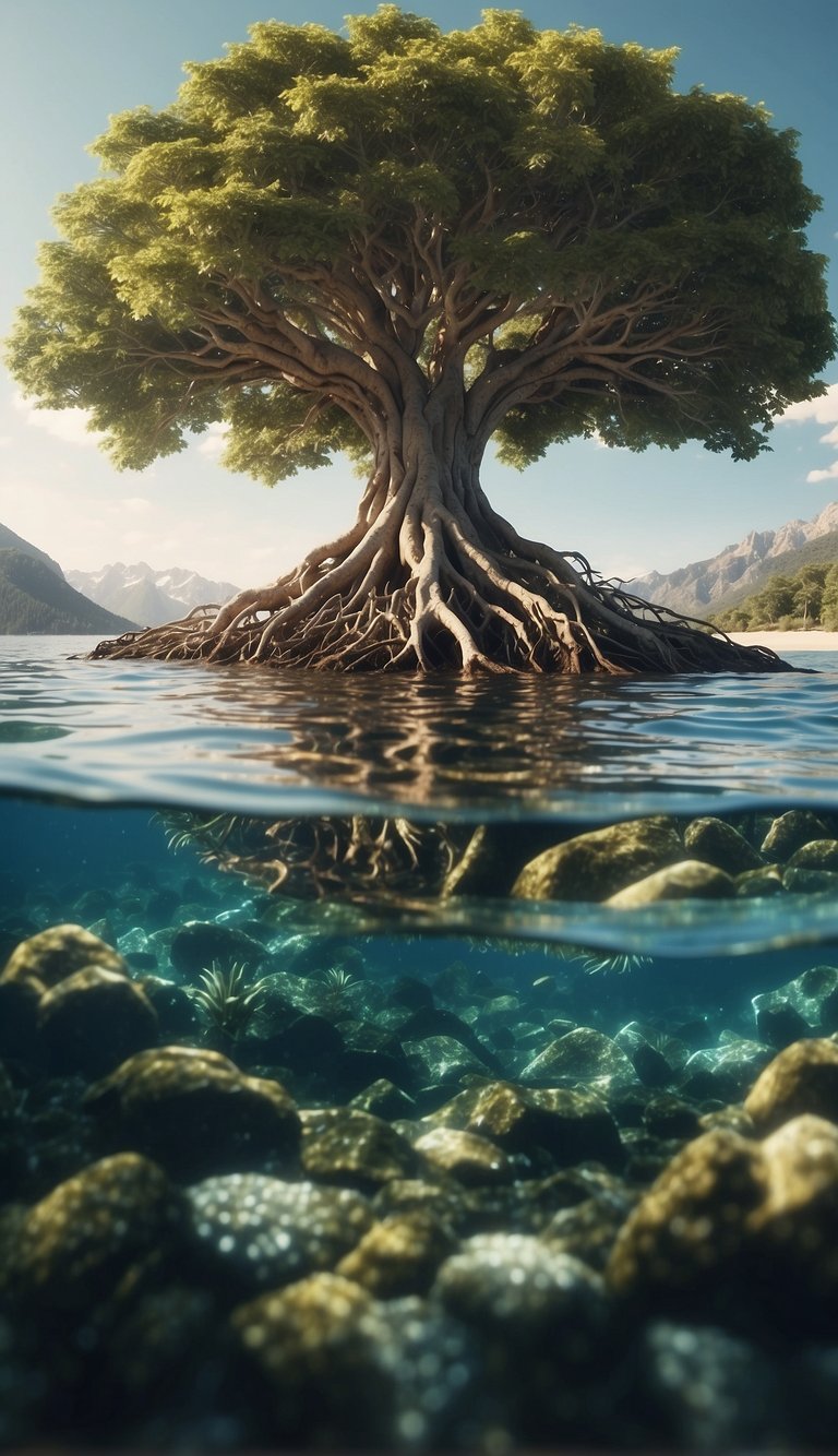 A sturdy tree with deep roots, surrounded by vibrant plants and clear water, symbolizing growth and nourishment