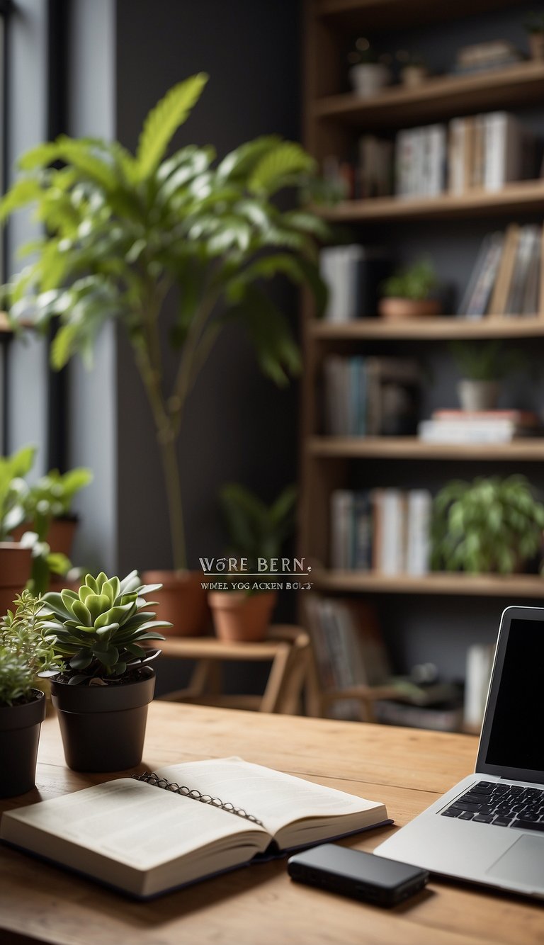 A desk with a notebook, pen, and potted plant. A bookshelf filled with self-help books. A laptop closed with a motivational quote sticker. A yoga mat and meditation cushion in the corner