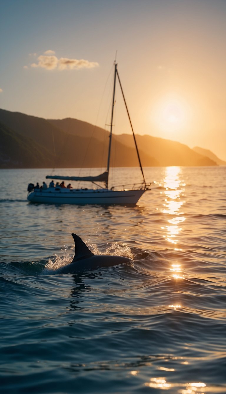 A bright sun rises over a calm, blue ocean. A small boat sails peacefully, surrounded by colorful fish and playful dolphins, creating a serene and uplifting atmosphere