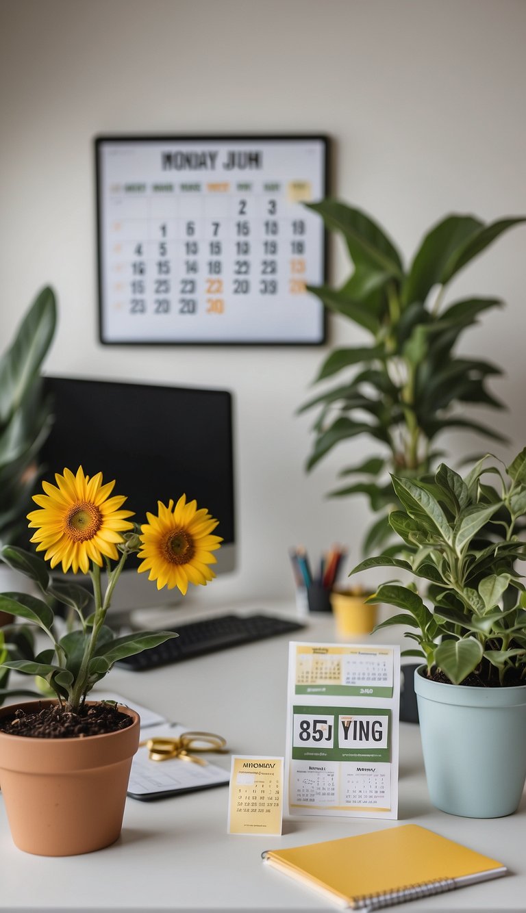 A bright, organized office with a motivational poster, natural light, and a plant. A calendar shows Monday with a smiley face sticker