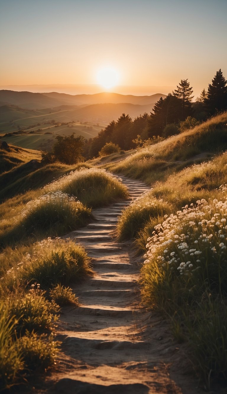 A bright sun rises over a serene landscape, with a winding path leading towards a peaceful, secluded spot. The scene exudes tranquility and hope, a perfect setting to beat the Monday blues