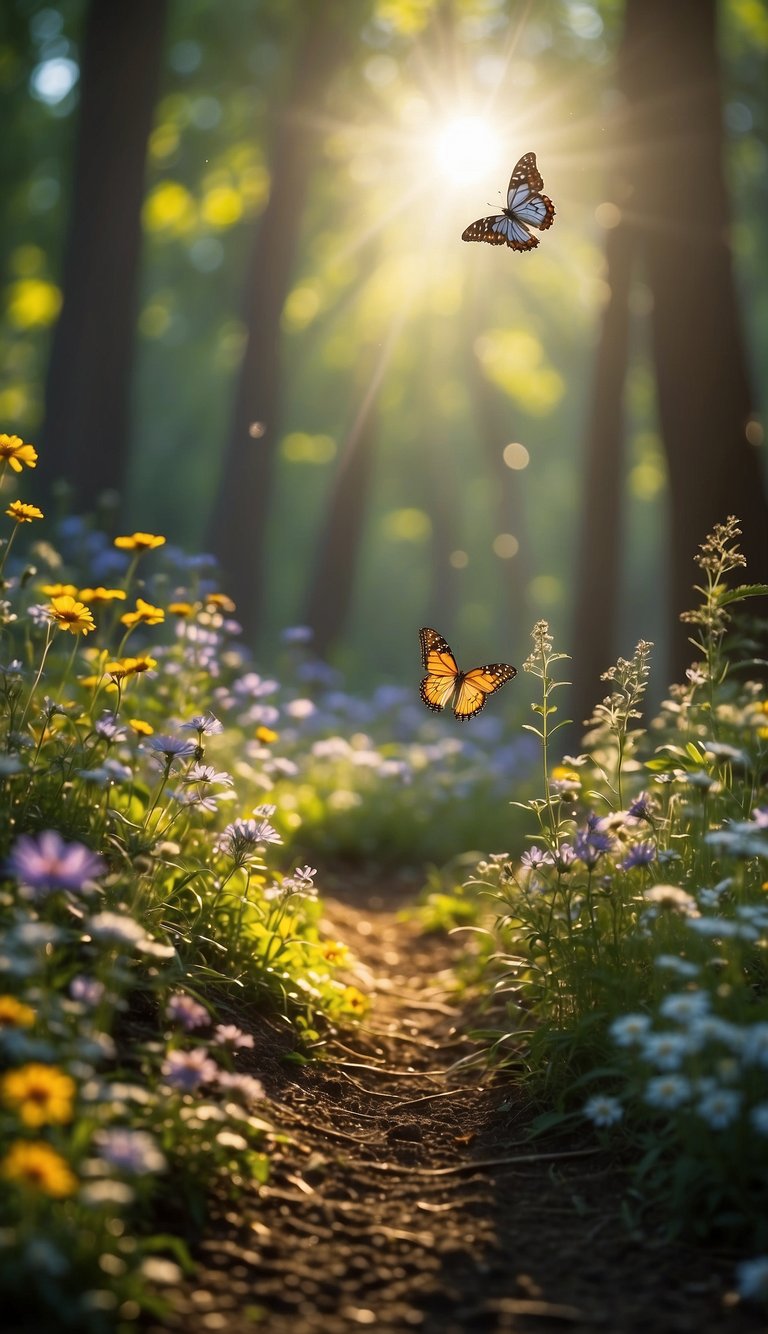 A serene forest with sunlight streaming through the trees, illuminating a colorful array of wildflowers and butterflies fluttering among them