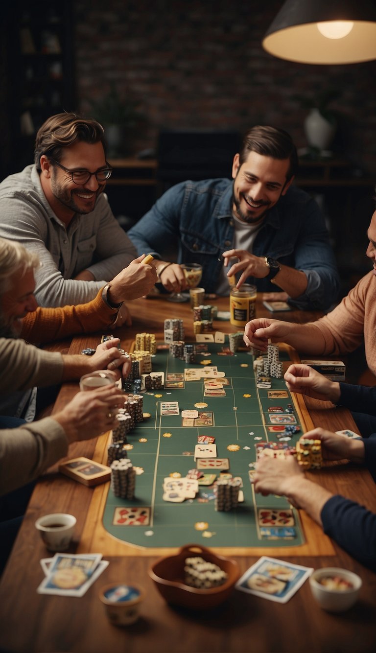 People gathered around a table, playing board games and laughing. A group of friends chatting and sharing stories. A book club meeting with members discussing a novel