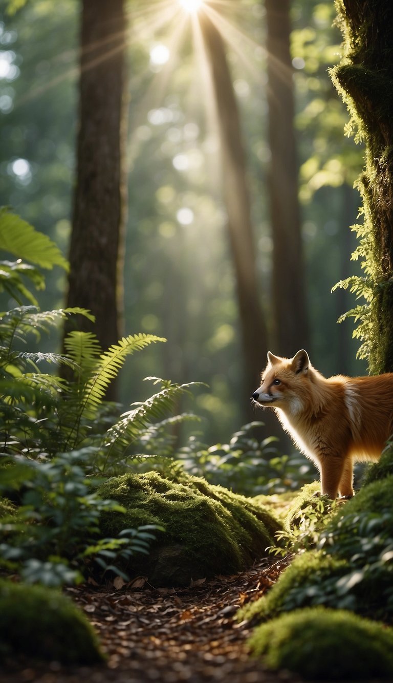 A group of animals and plants interact in a lush forest, with sunlight filtering through the canopy and a gentle breeze rustling the leaves