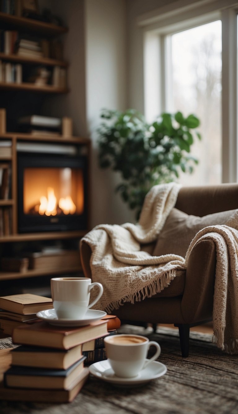 A cozy living room with warm natural light, a comfortable chair, a steaming cup of tea, a stack of books, and a soft blanket