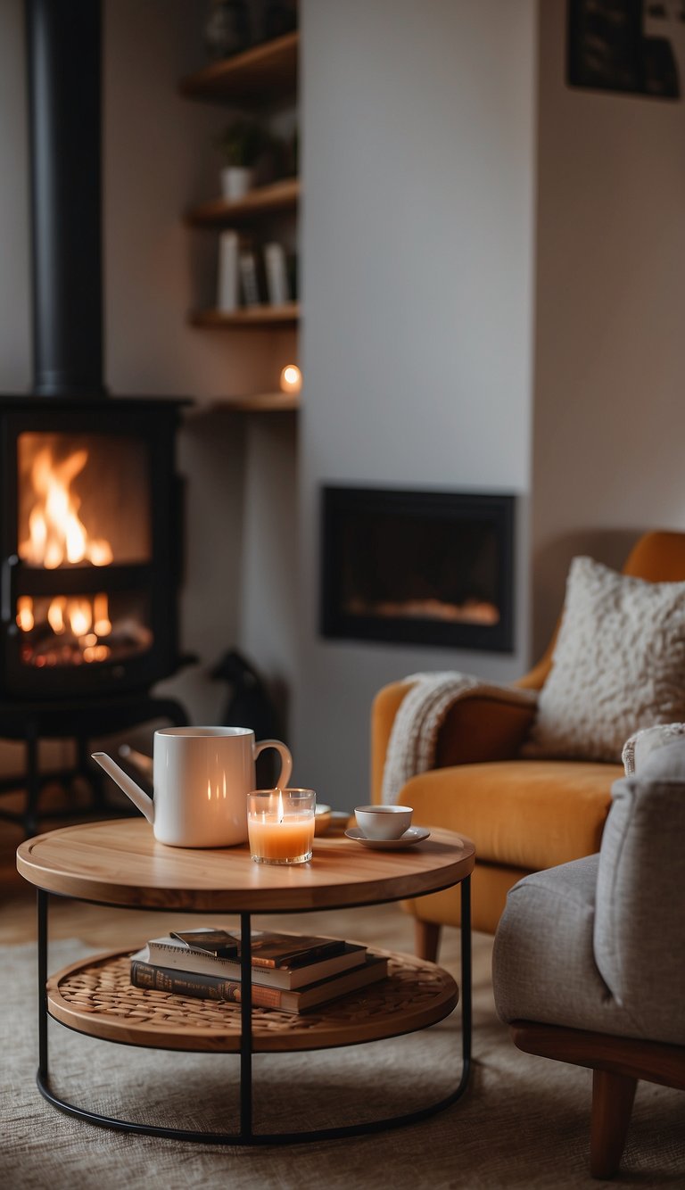 A cozy living room with a crackling fire, a steaming cup of tea on a side table, and a comfortable chair for relaxation