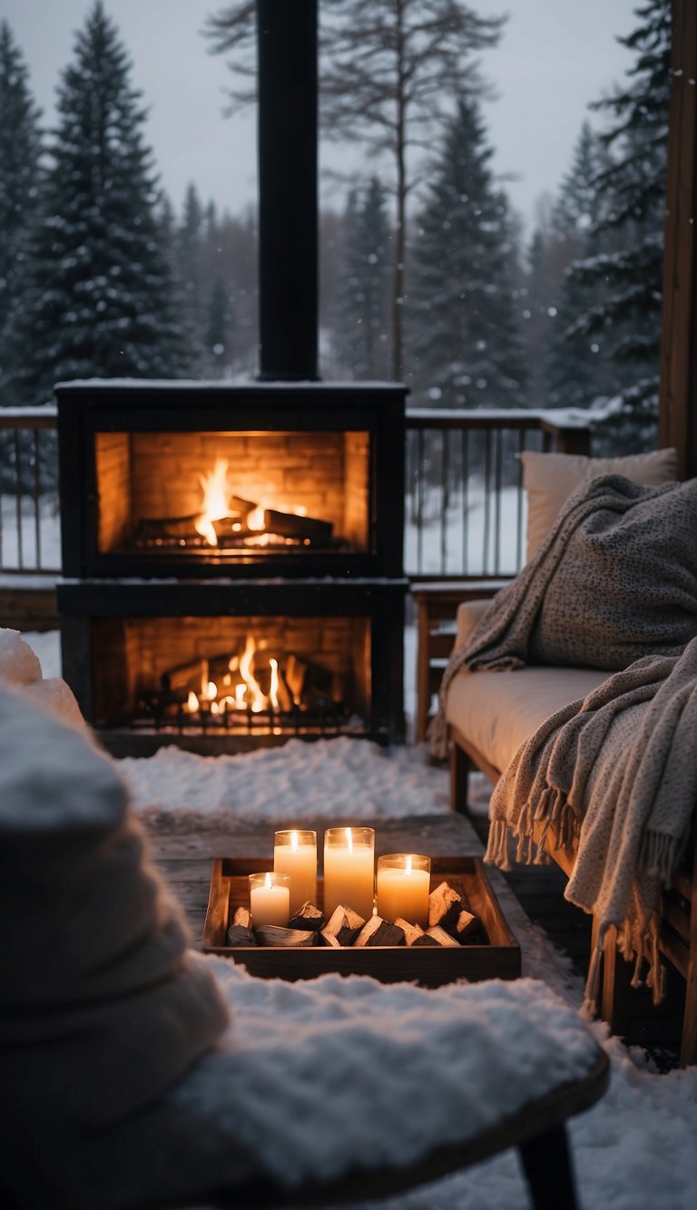 A cozy living room with warm lighting, a crackling fireplace, and comforting blankets. Outside, snow falls softly as a person takes a peaceful walk in nature