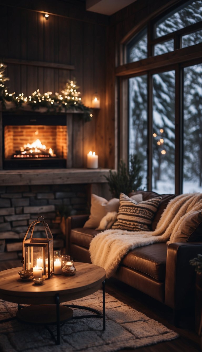 A cozy living room with warm lighting, a crackling fireplace, and comfortable seating. Outside, snow is falling softly, creating a tranquil and peaceful atmosphere