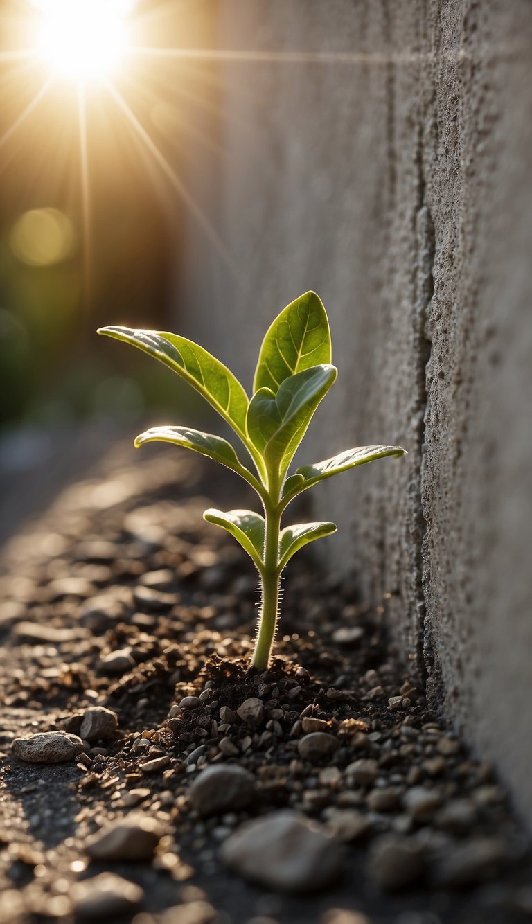 A single seedling pushes through a crack in a concrete wall, reaching towards the sunlight