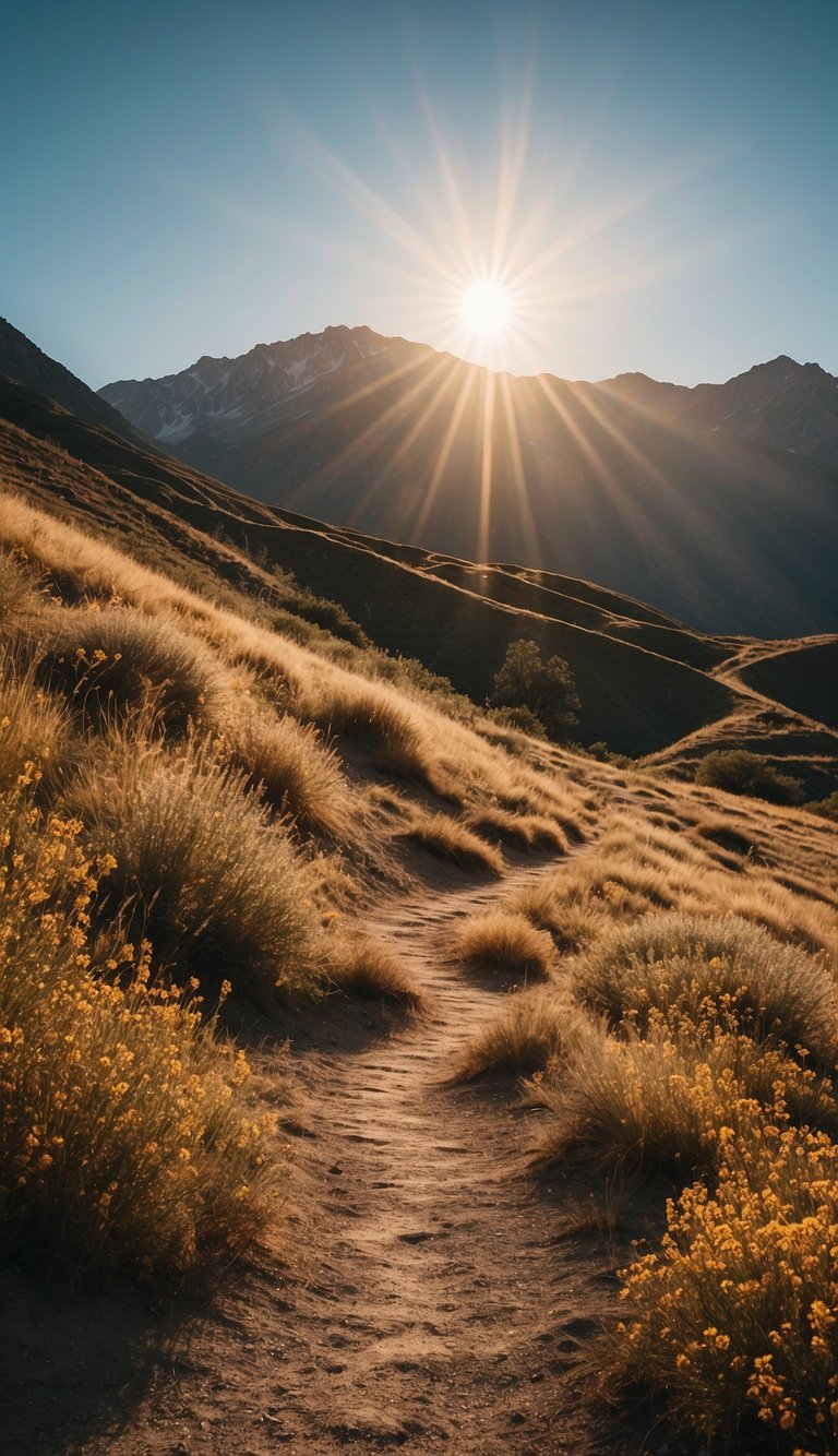 A serene landscape with a clear blue sky, a winding path leading towards a mountain peak, and a glowing sun radiating warmth and positivity