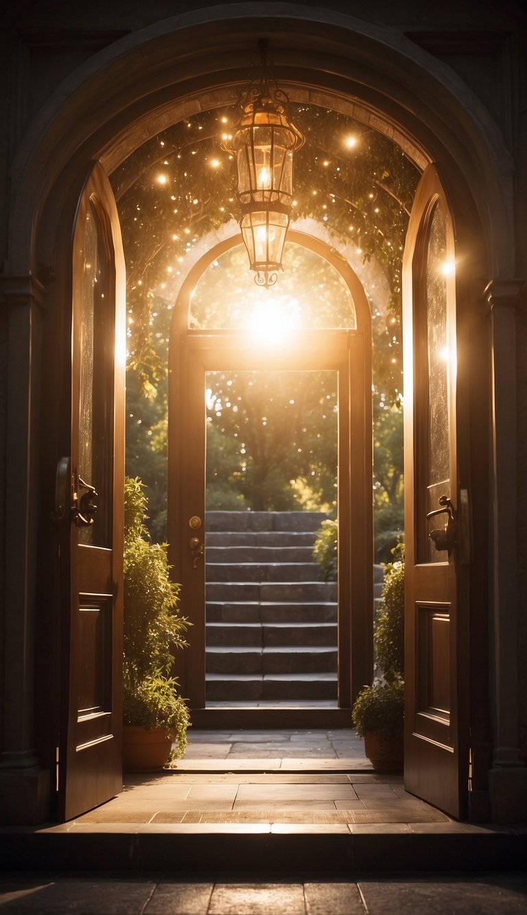 A bright light shining down on a path leading to a glowing door, surrounded by symbols of success and abundance