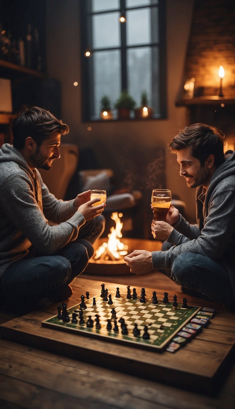 People playing board games by a cozy fireplace on a rainy day