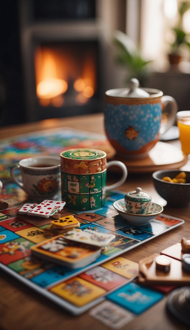 Brightly colored board games and puzzles scattered on a cozy living room floor, while a steaming cup of tea sits on a nearby table